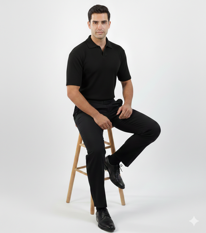 WAFFLE KNITTED POLO - BLACK