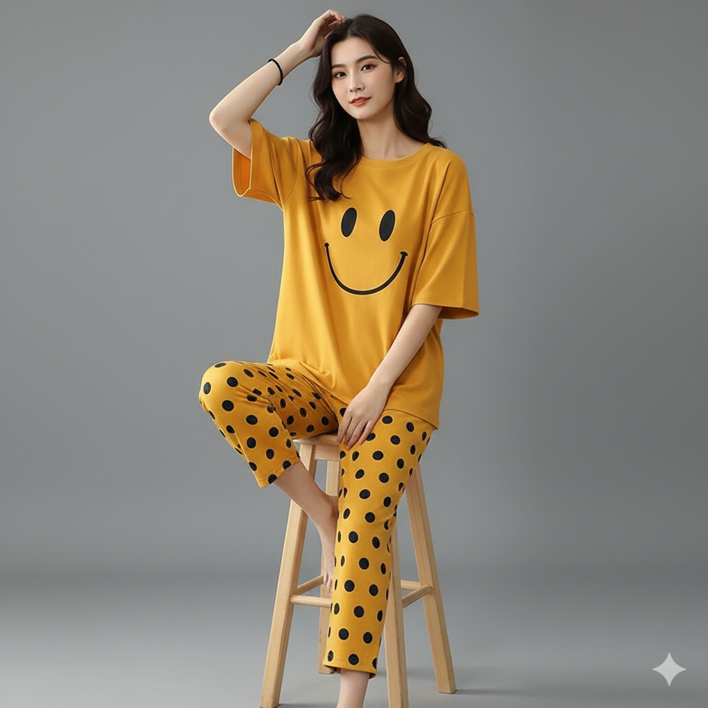 MUSTARD SMILEY POLKA DOT PRINTED NIGHT SUIT