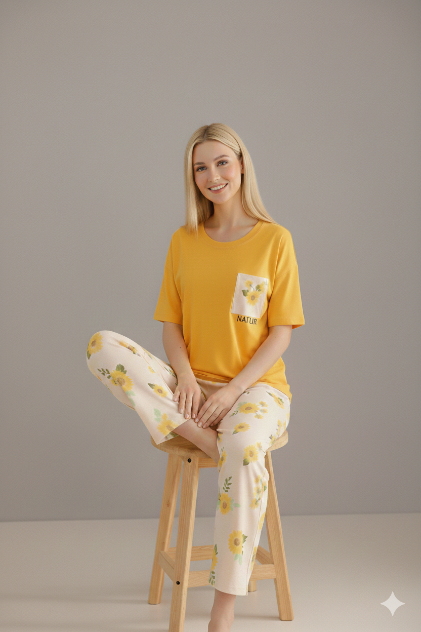 SR-POCKET PRINTED NIGHT SUIT - MUSTARD