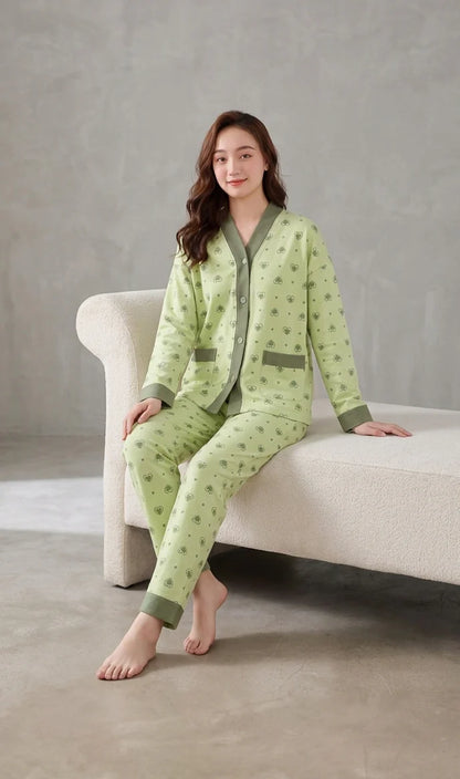 Olve Green Multi Hearts Printed V-Neck Button PJ Set