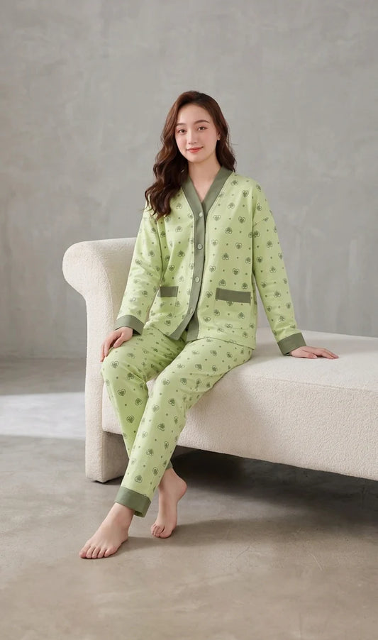 Olve Green Multi Hearts Printed V-Neck Button PJ Set