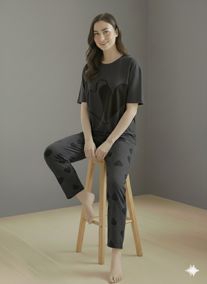 SR-DOUBLE HEARTS PRINTED NIGHT SUIT - GREY