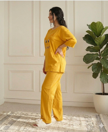 HAPPY FACE PRINTED NIGHT SUIT-YELLOW