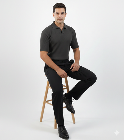 WAFFLE KNITTED POLO - CHARCOAL