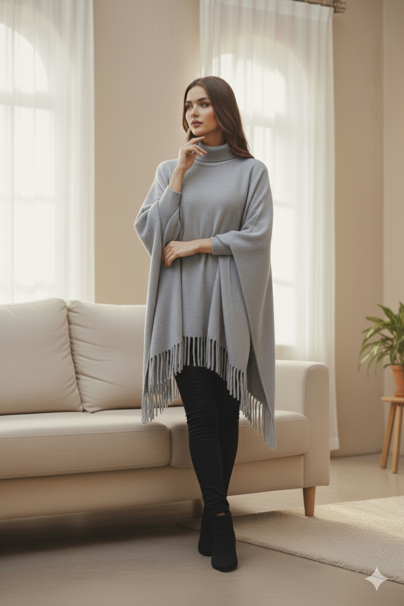 PLAIN PONCHO - GREY