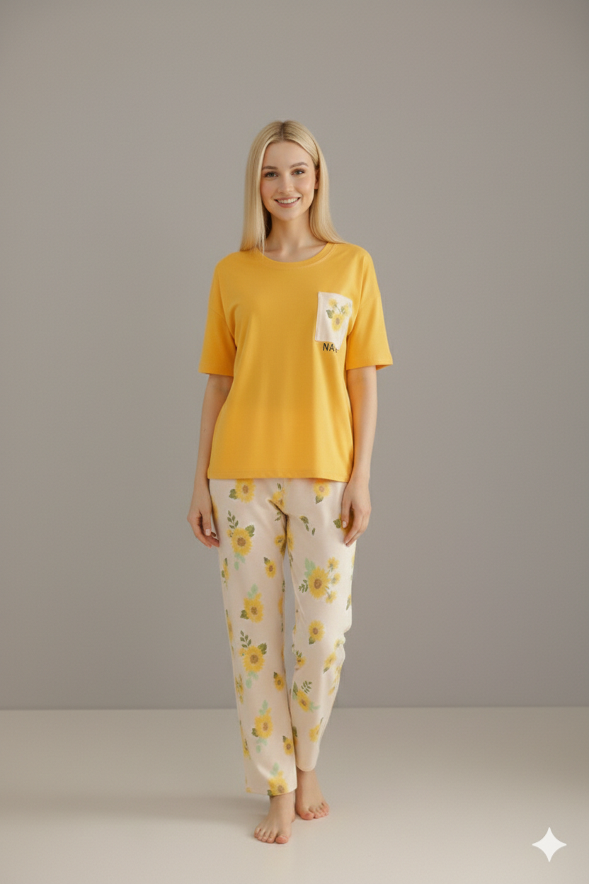 SR-POCKET PRINTED NIGHT SUIT - MUSTARD