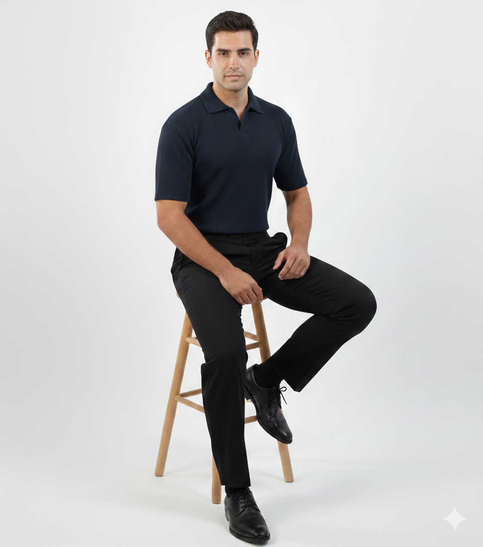 WAFFLE KNITTED POLO - NAVYBLUE