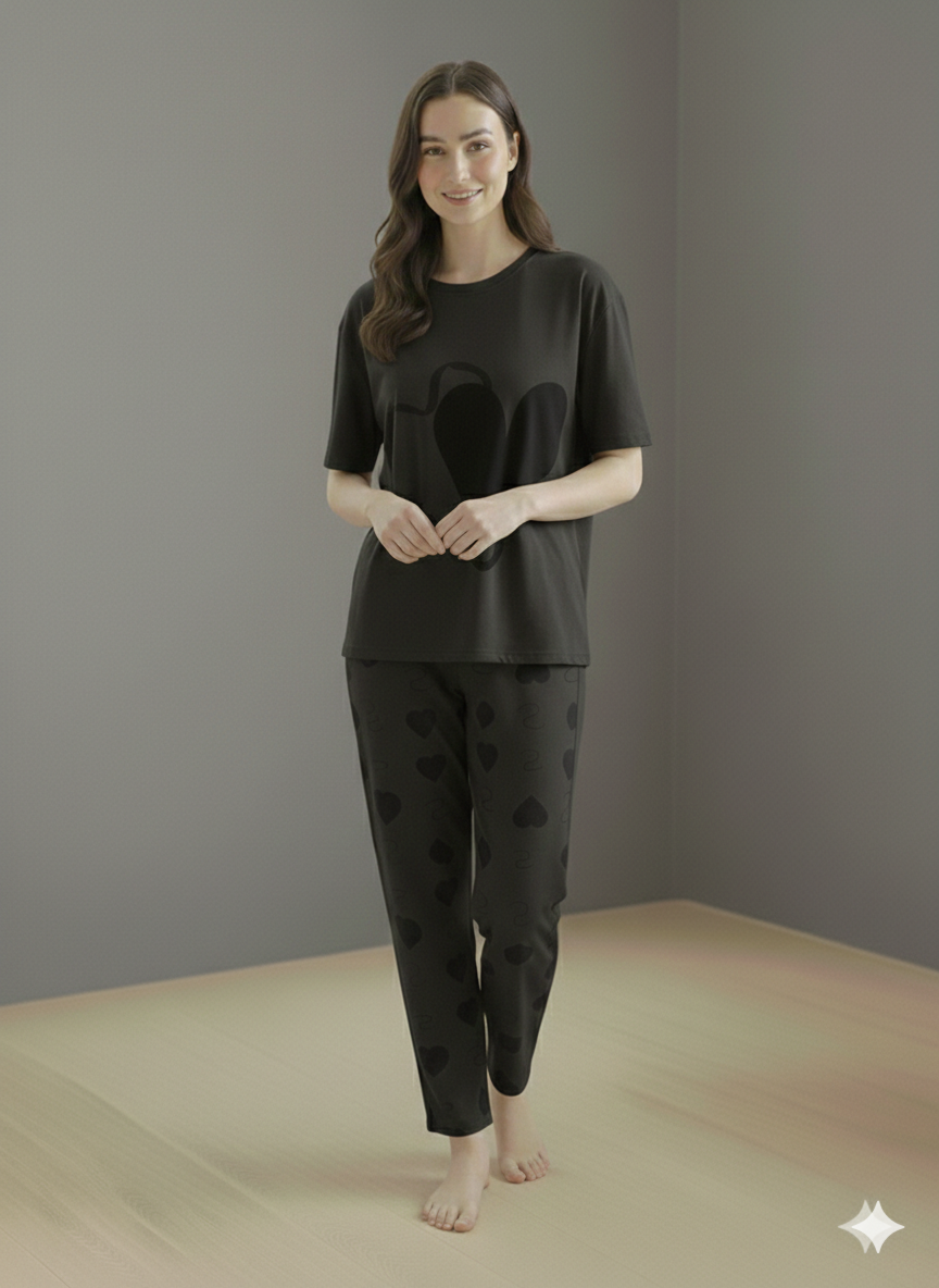 SR-DOUBLE HEARTS PRINTED NIGHT SUIT - GREY