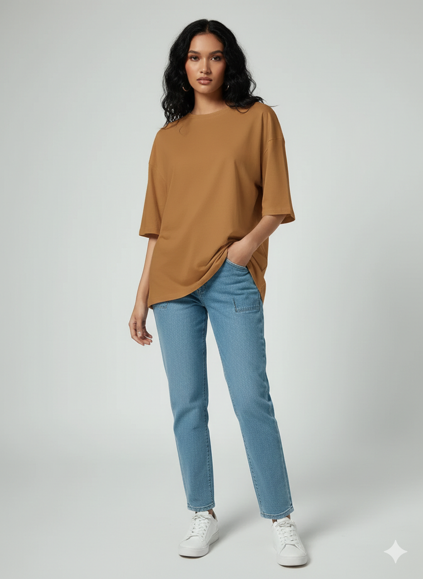 DROP SHOULDER T-SHIRT - CAMEL BROWN