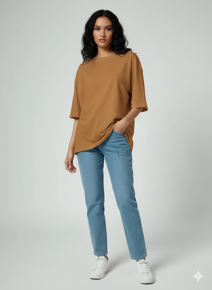 DROP SHOULDER T-SHIRT - CAMEL BROWN
