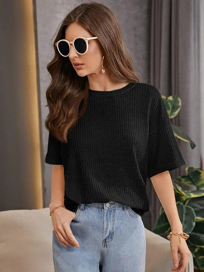 OVERSIZED WAFFLE KNITTED TEE - BLACK