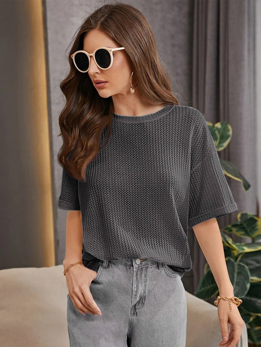 OVERSIZED WAFFLE KNITTED TEE - CHARCOAL