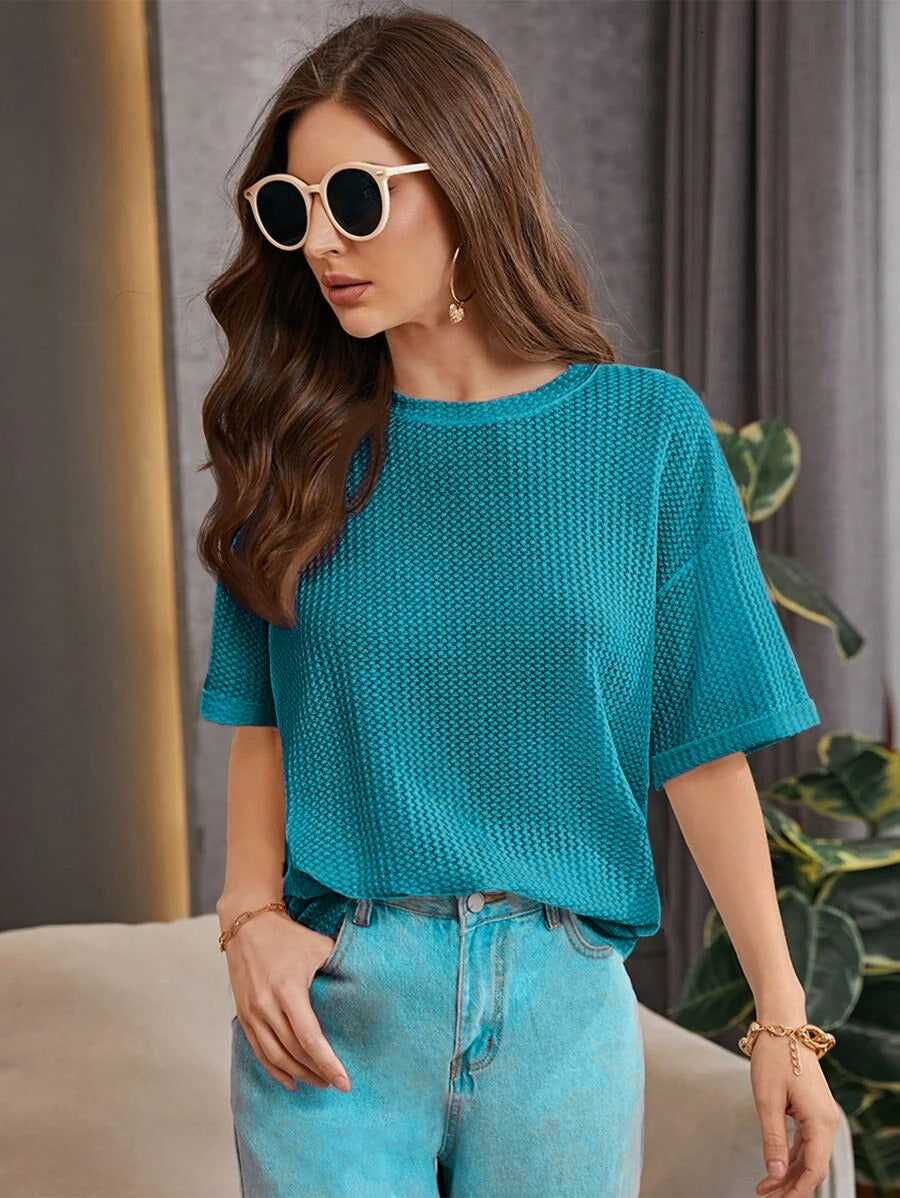 OVERSIZED WAFFLE KNITTED TEE - EASTERN BLUE