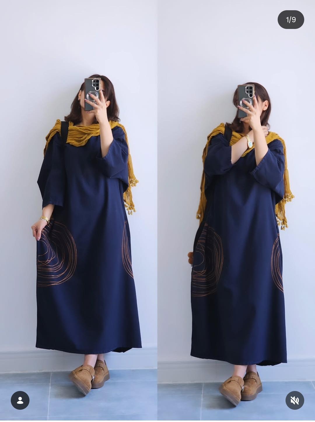 Premium Women's Linen Maxi Dress with Round Embroidery Relaxed Fit SBS-6
