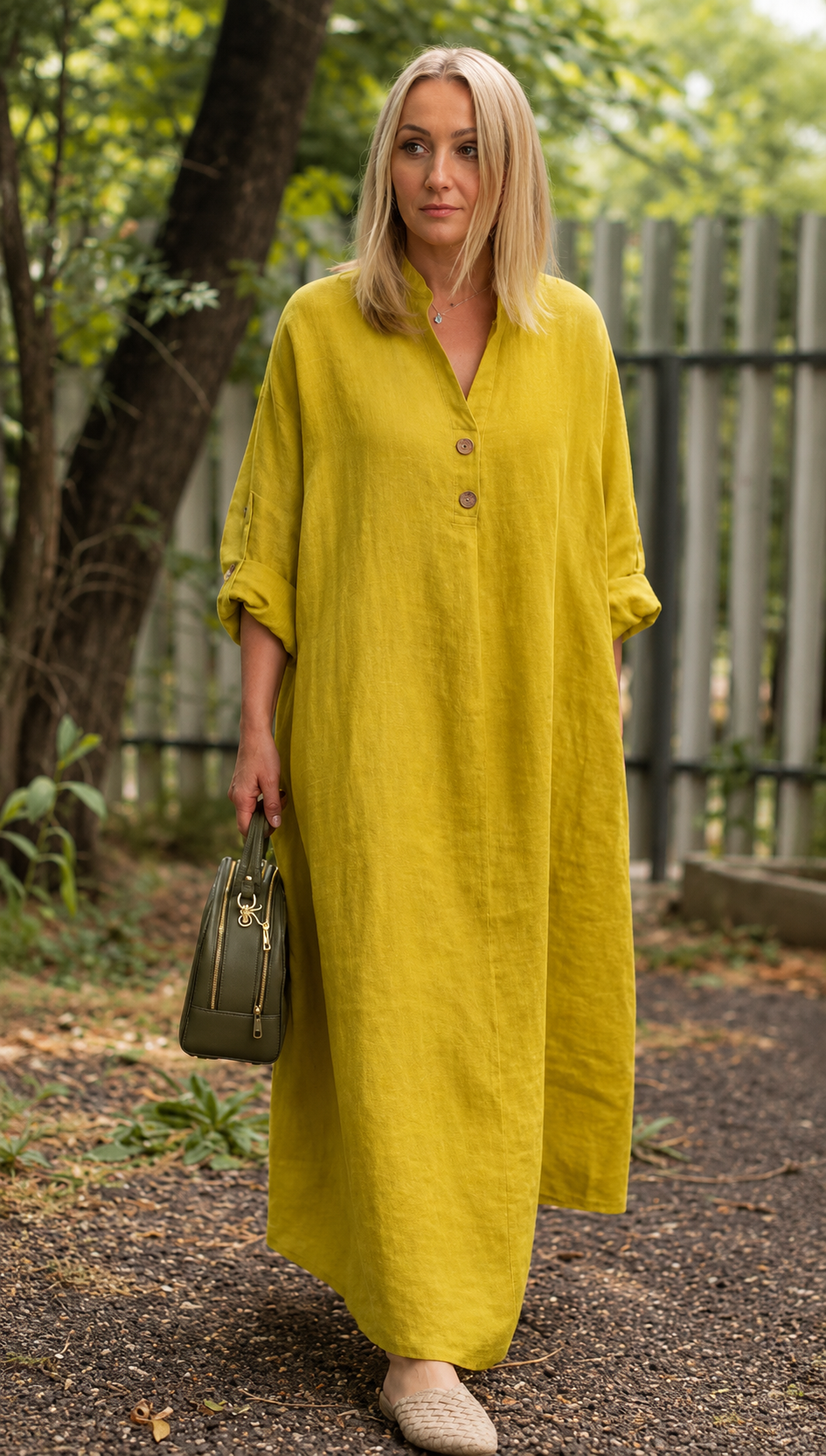 Premium Women's Linen Maxi Dress Relaxed Fit Button Front Long Dress SBS-7