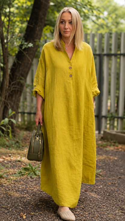 Premium Women's Linen Maxi Dress Relaxed Fit Button Front Long Dress SBS-7