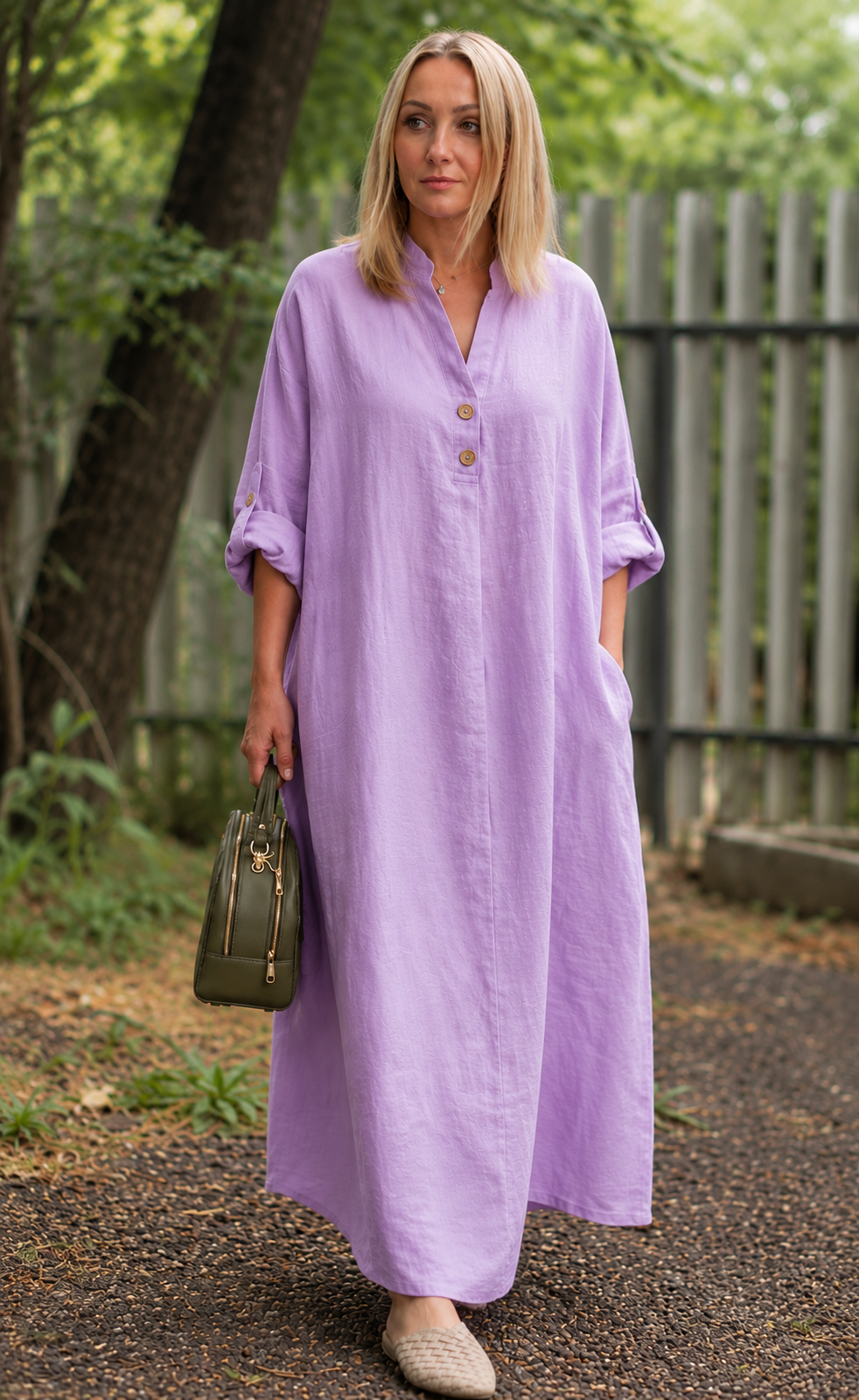 Premium Women's Linen Maxi Dress Relaxed Fit Button Front Long Dress SBS-7