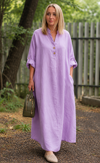Premium Women's Linen Maxi Dress Relaxed Fit Button Front Long Dress SBS-7