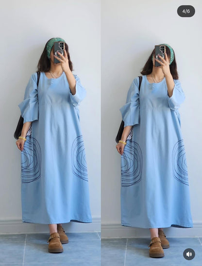Premium Women's Linen Maxi Dress with Round Embroidery Relaxed Fit SBS-6