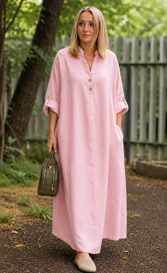 Premium Women's Linen Maxi Dress Relaxed Fit Button Front Long Dress SBS-7