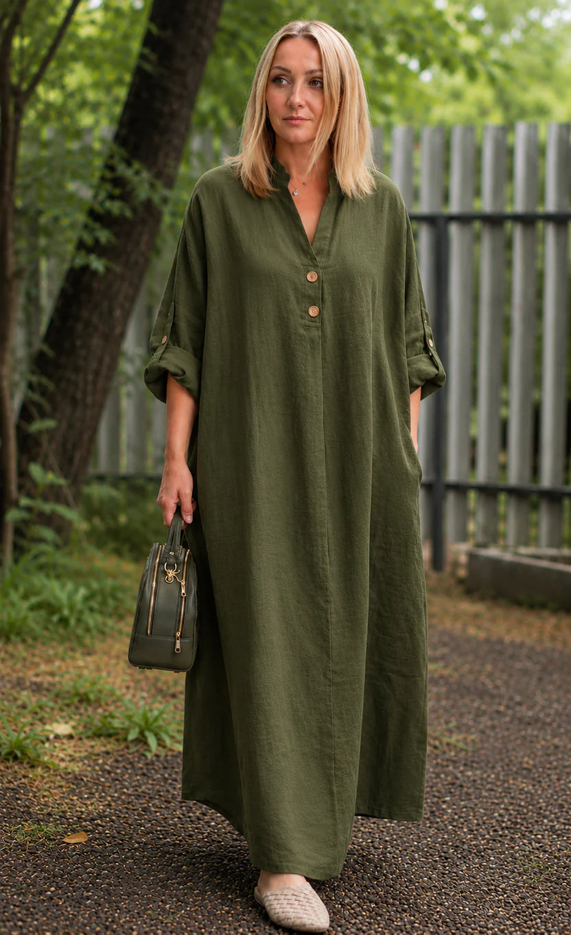 Premium Women's Linen Maxi Dress Relaxed Fit Button Front Long Dress SBS-7