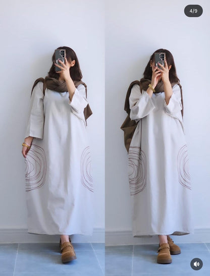 Premium Women's Linen Maxi Dress with Round Embroidery Relaxed Fit SBS-6