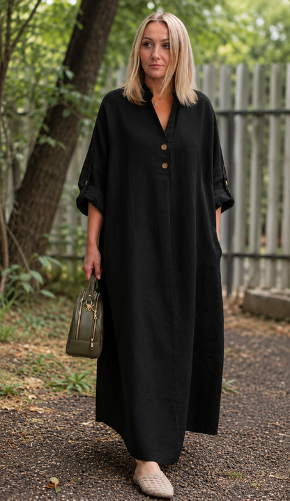 Premium Women's Linen Maxi Dress Relaxed Fit Button Front Long Dress SBS-7