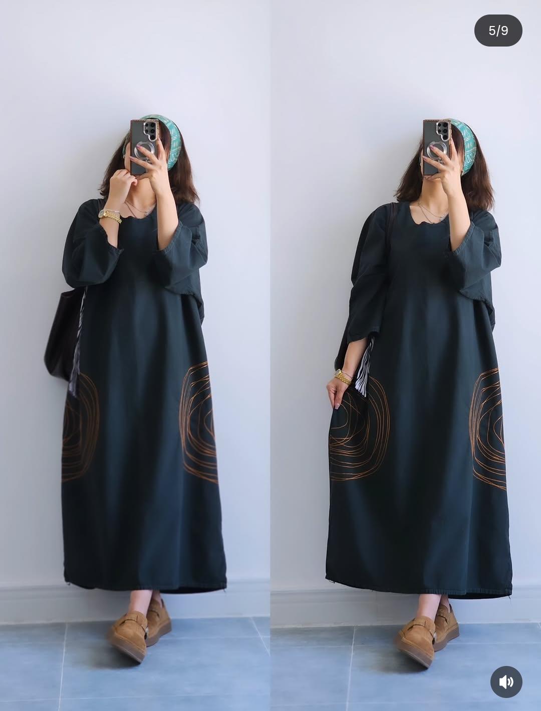 Premium Women's Linen Maxi Dress with Round Embroidery Relaxed Fit SBS-6
