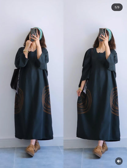 Premium Women's Linen Maxi Dress with Round Embroidery Relaxed Fit SBS-6