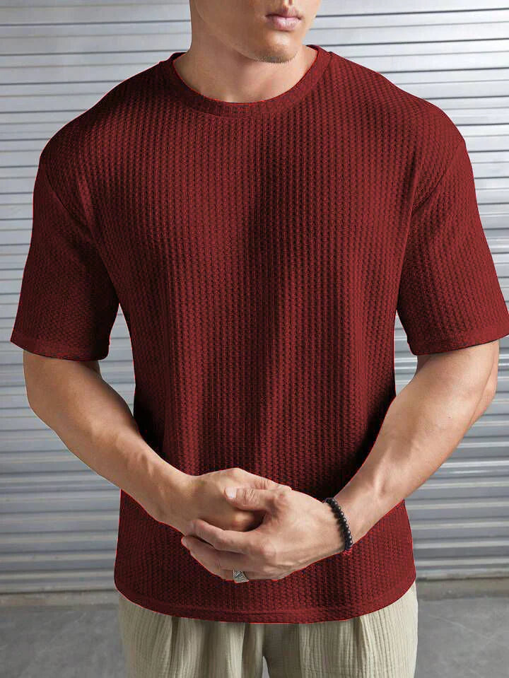 OVER-SIZED WAFFLE KNIT TEE FOR MEN - MAROON