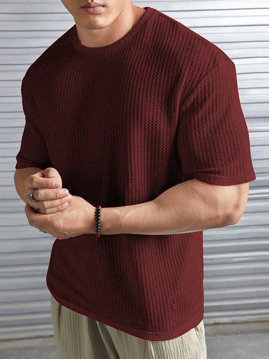 OVER-SIZED WAFFLE KNIT TEE FOR MEN - MAROON