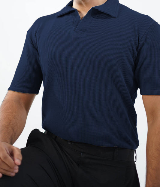 WAFFLE KNITTED POLO - NAVYBLUE