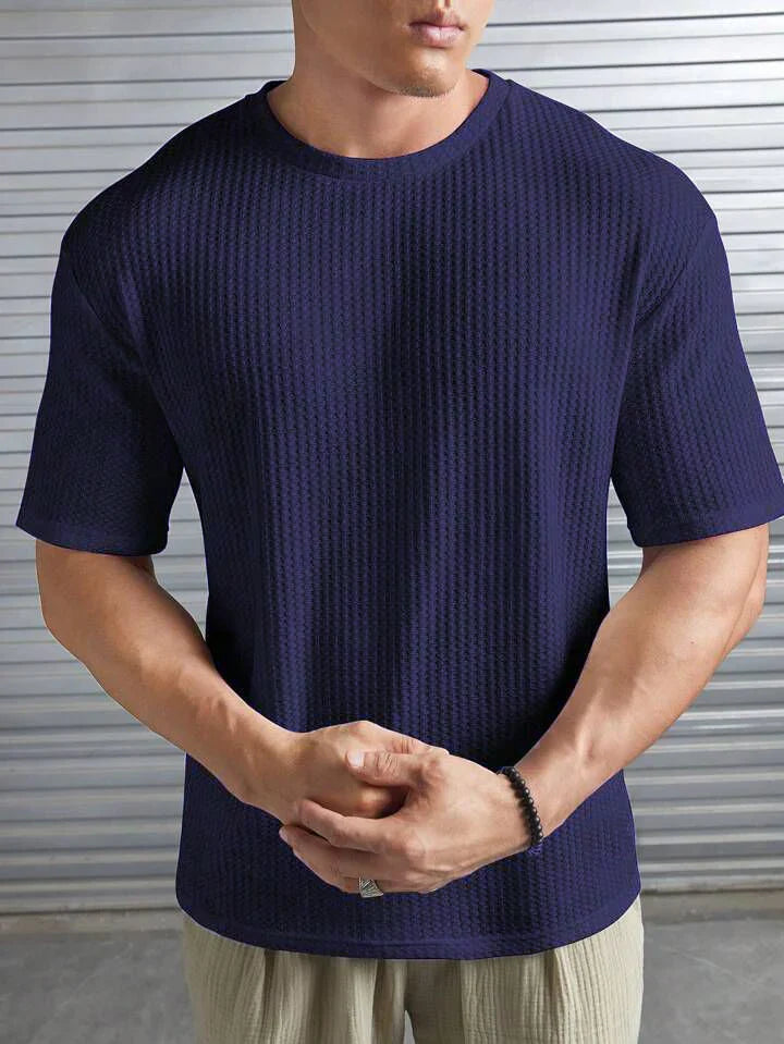 OVER-SIZED WAFFLE KNIT TEE FOR MEN - NAVYBLUE