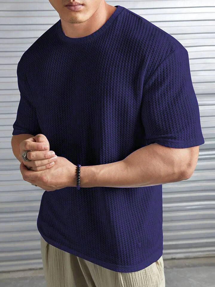 OVER-SIZED WAFFLE KNIT TEE FOR MEN - NAVYBLUE