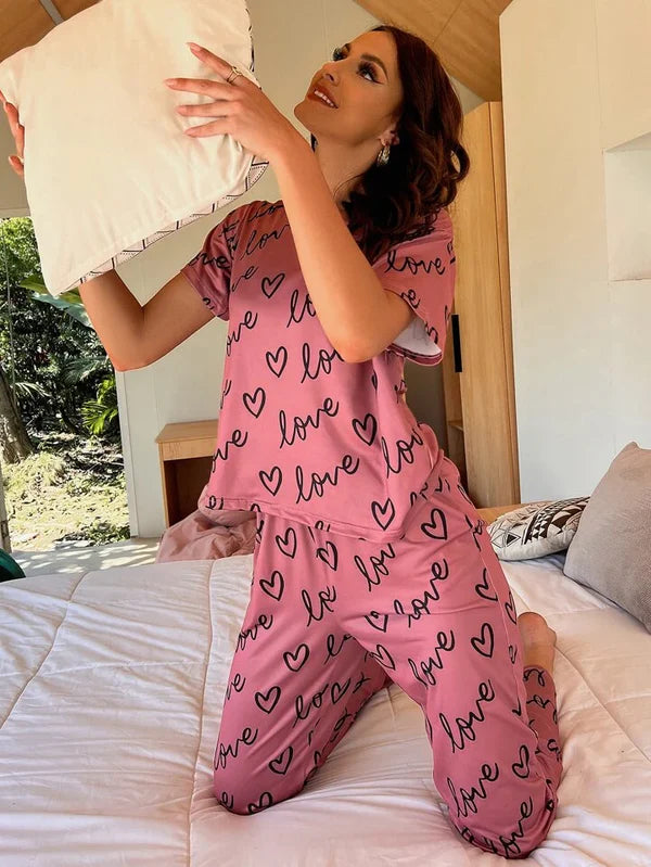 HN-PINK LOVE HEART PRINTED NIGHT SUIT