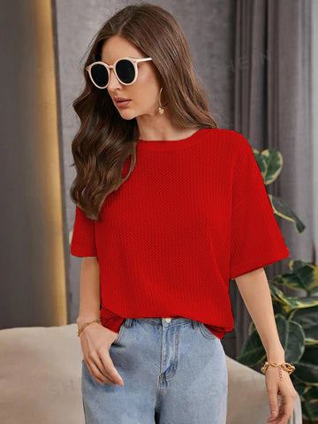 OVERSIZED WAFFLE KNITTED TEE - RED