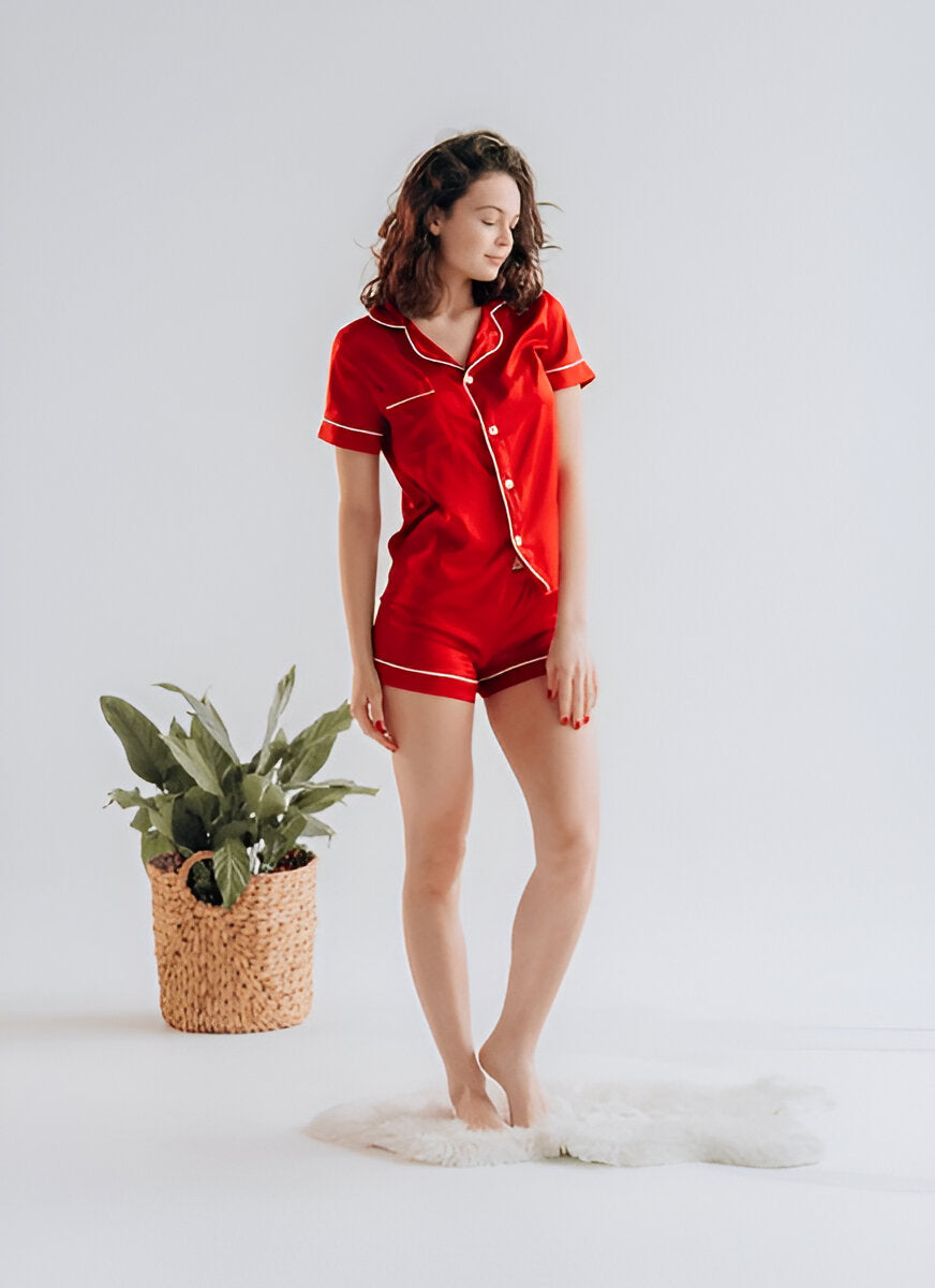 BUTTON DOWN SILK WITH SHORT - RED