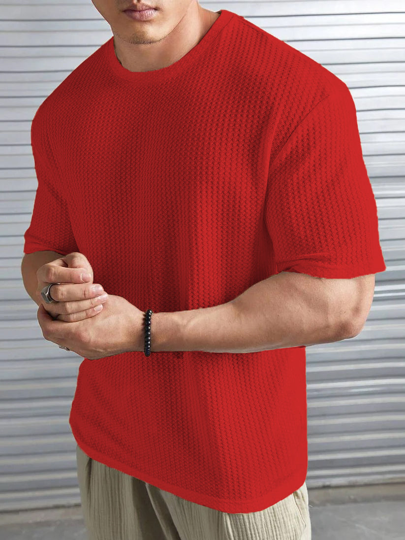 OVER-SIZED WAFFLE KNIT TEE FOR MEN - RED