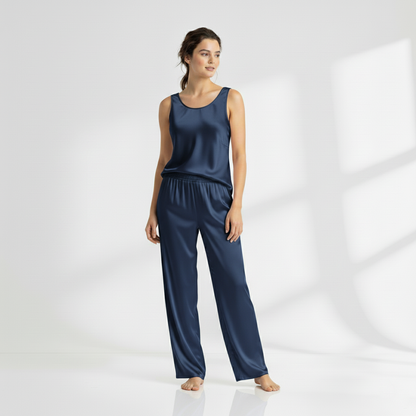 SILK TOP & PAJAMA SET - NAVYBLUE