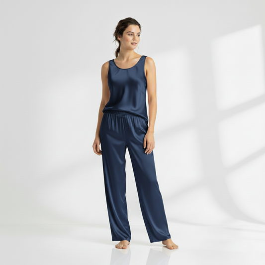 SILK TOP & PAJAMA SET - NAVYBLUE