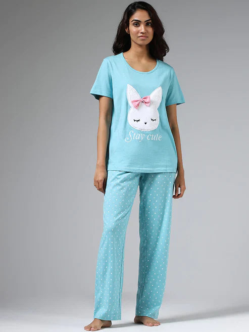 HN-SEA GREEN STAY CUTE PRINTED NIGHT SUIT