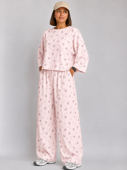Women's Premium Barbary Fabric Sleepwear Set – Loose Trouser & Short Tee SBSPJ-12