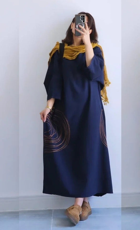 Premium Women's Linen Maxi Dress with Round Embroidery Relaxed Fit SBS-6