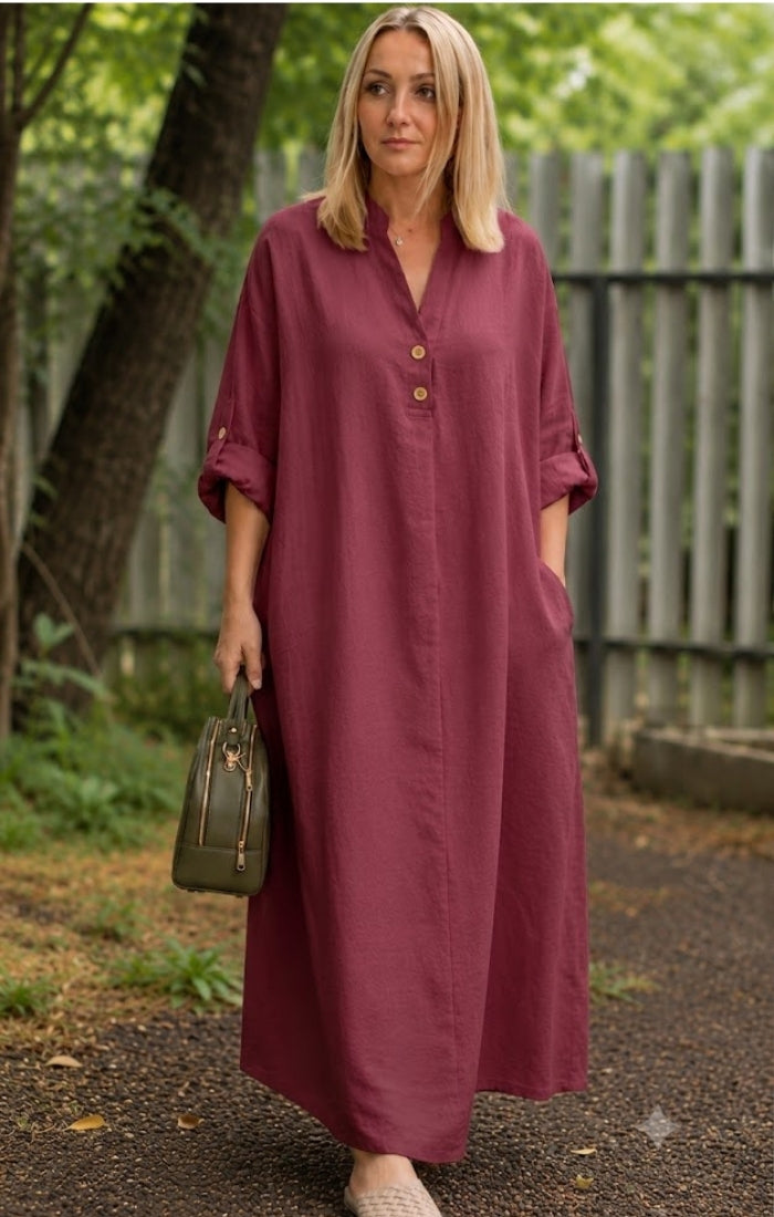 Premium Women's Linen Maxi Dress Relaxed Fit Button Front Long Dress SBS-7