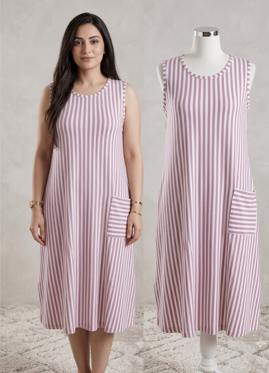 Premium Vertical Stripe Sleeveless Nighty with Pocket SBS-4