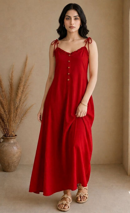 Soft Linen Tie-Shoulder Button Front Maxi Ankle Length Dress SBS-8