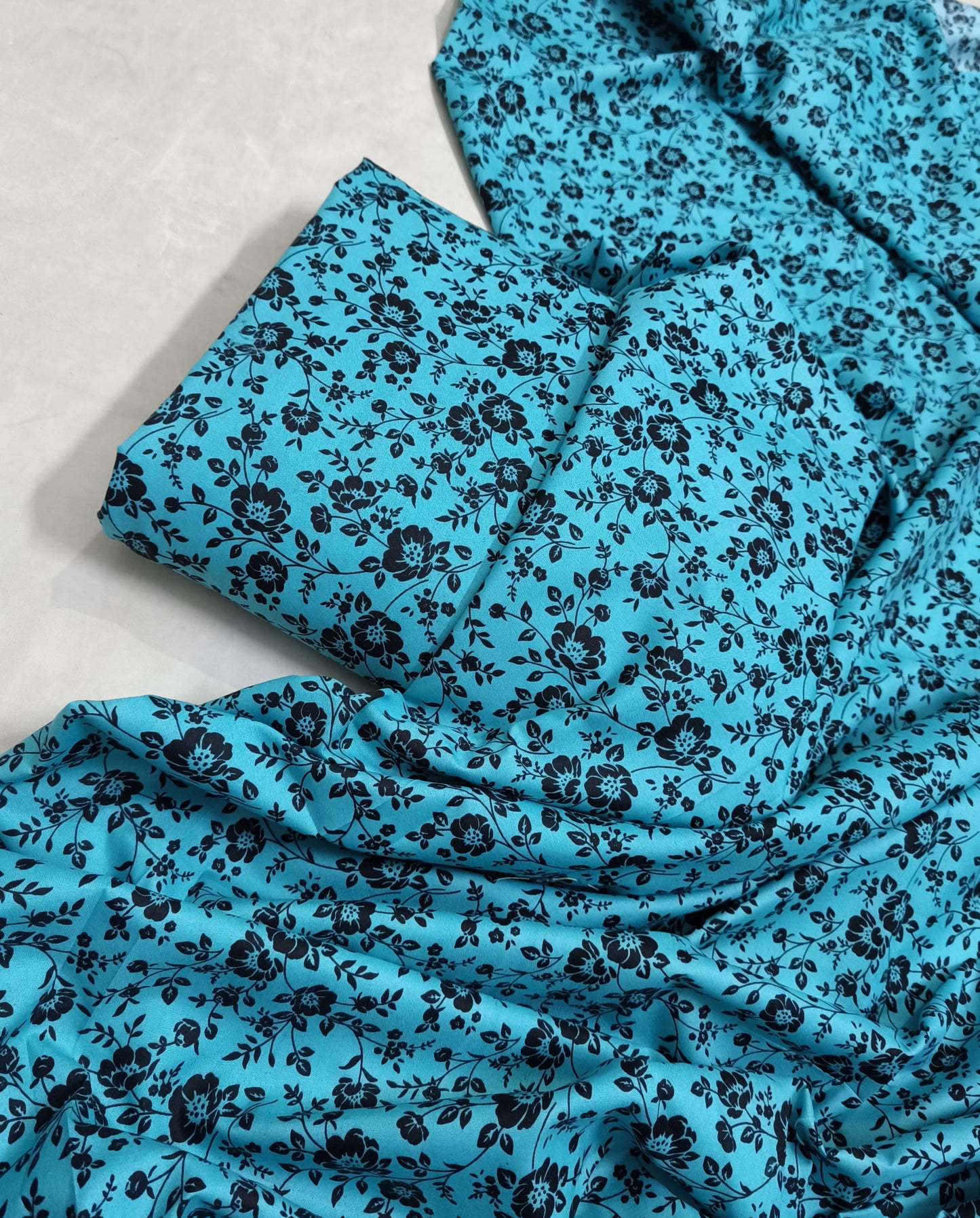MICRO POLO COTTON- 2 PIECE-Ferozi With Black Flowers US-004