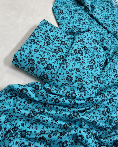 MICRO POLO COTTON- 2 PIECE-Ferozi With Black Flowers US-004