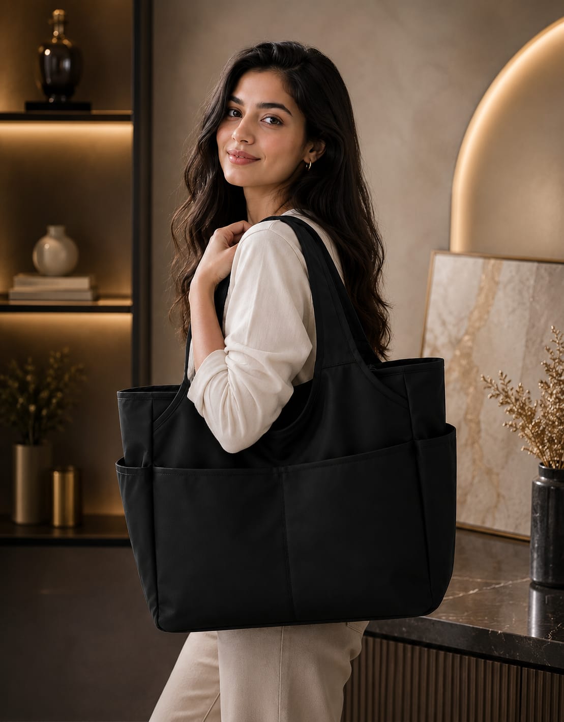 BLACK MULTI-POCKET TOTE BAG FOR WOMEN | LARGE CAPACITY SHOULDER HANDBAG