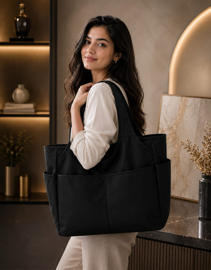 BLACK MULTI-POCKET TOTE BAG FOR WOMEN | LARGE CAPACITY SHOULDER HANDBAG